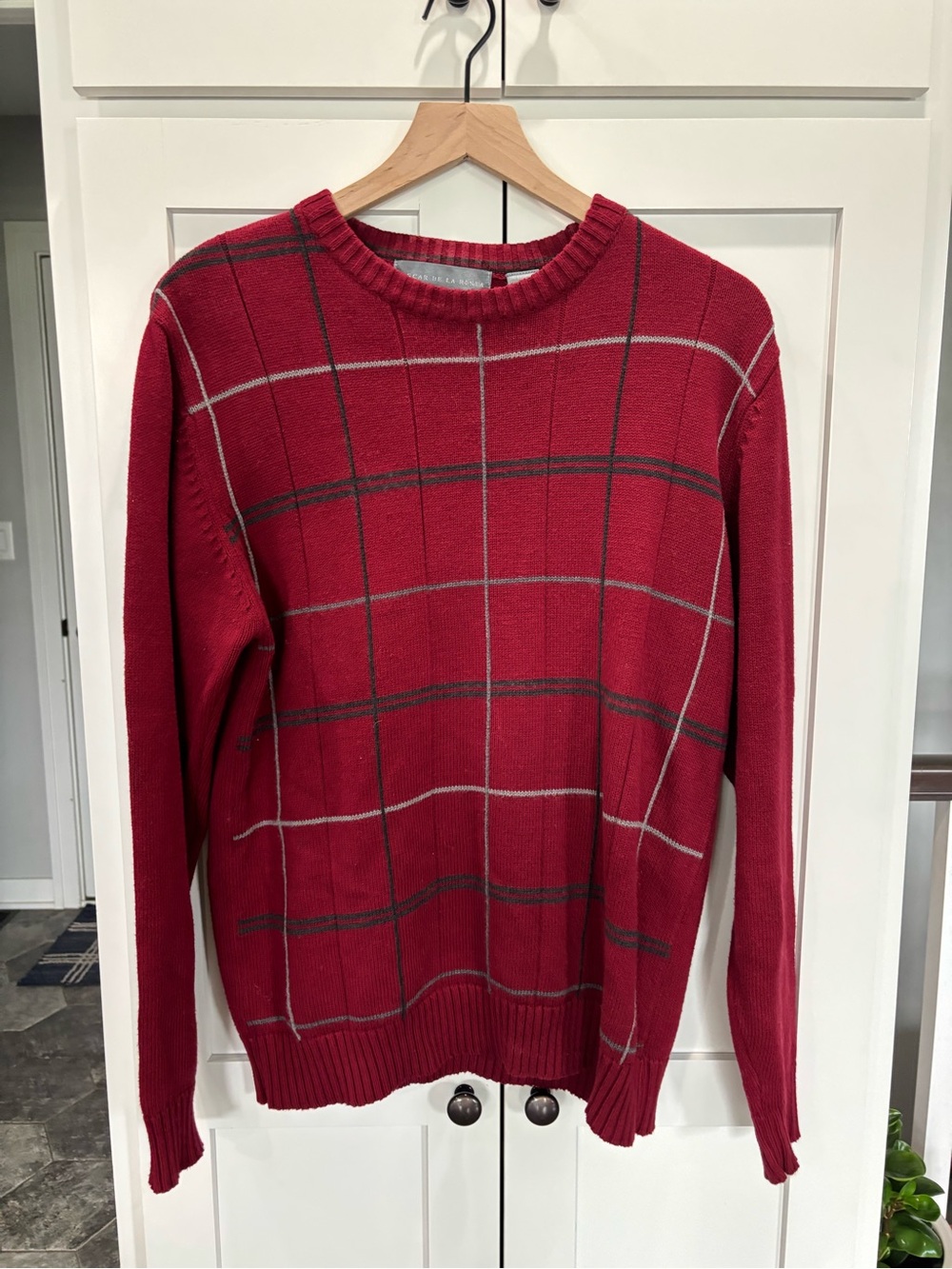 Oscar de la Renta Red Windowpane Crewneck Sweater